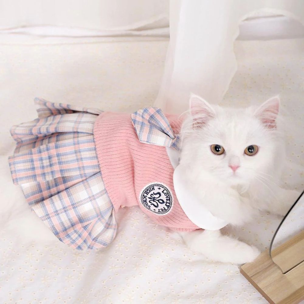 A fluffy white cat wearing a pink pet sweater dress with a blue and white plaid skirt and bow, sitting on a white textured blanket.