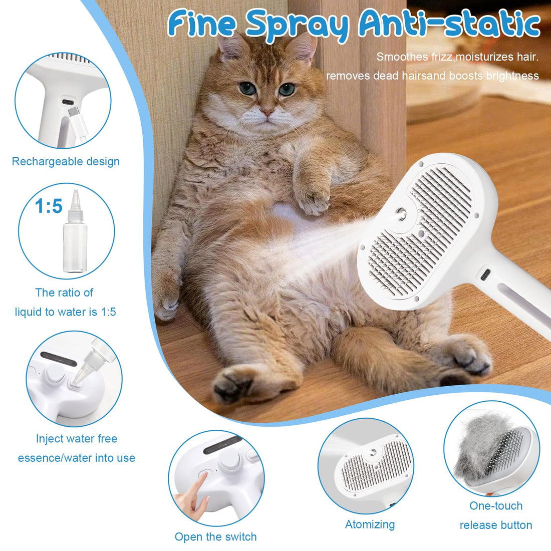 Cool Mist Self Cleaning Pet Steam Brush Cats Dogs
