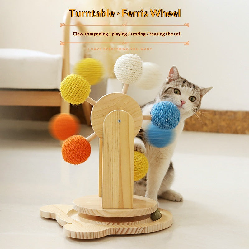 Solid Wood Cat Scratching Turntable Toy with Hemp