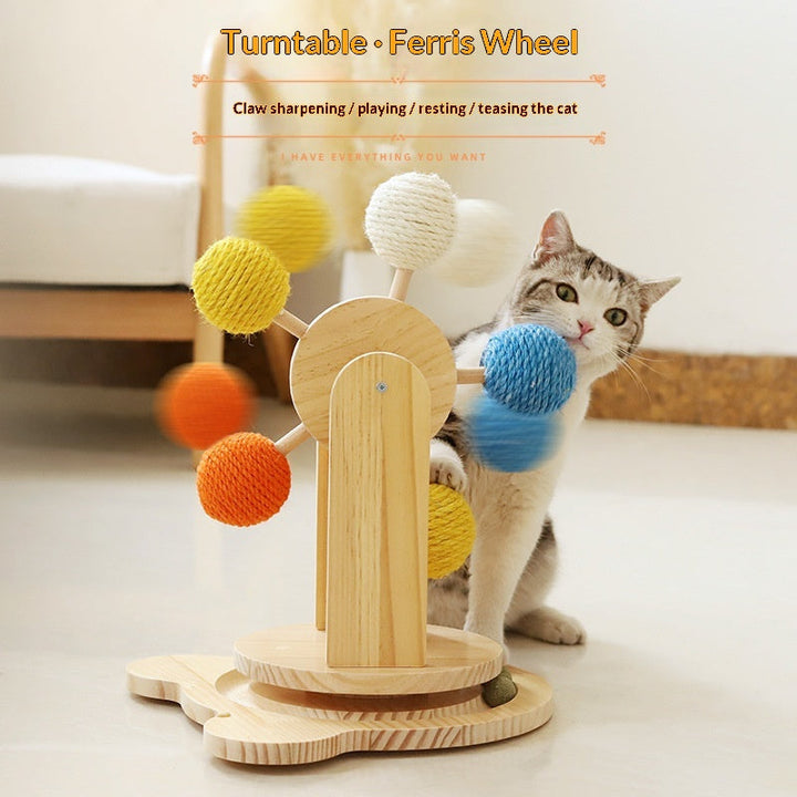 Solid Wood Cat Scratching Turntable Toy with Hemp