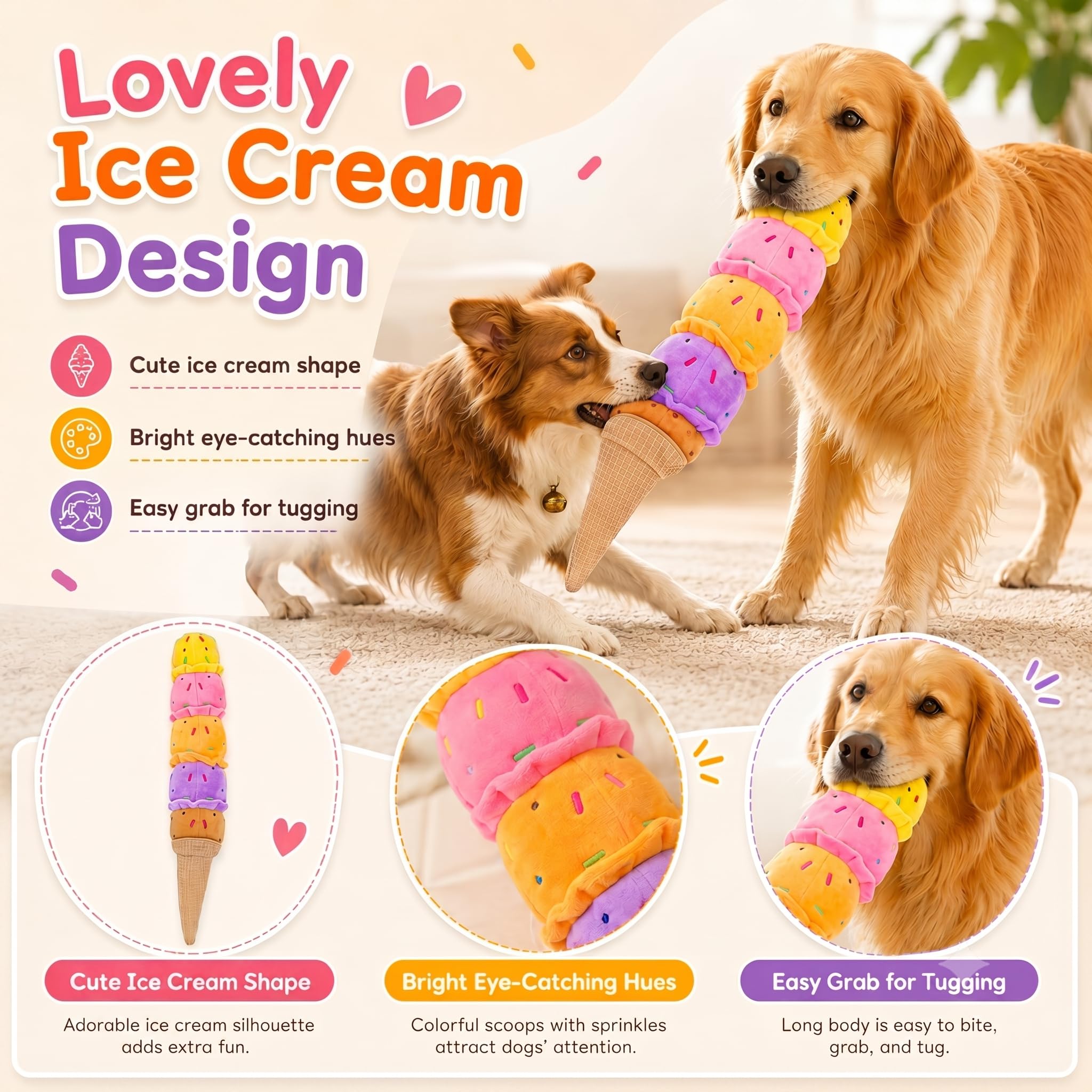 Rainbow Ice Cream Squeaky Plush Dog Chew Tug Toy