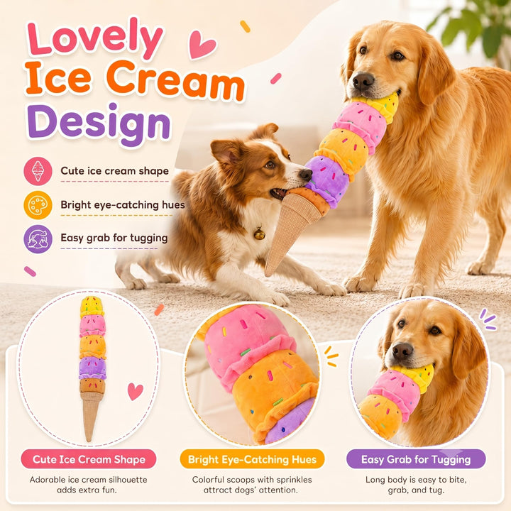 Rainbow Ice Cream Squeaky Plush Dog Chew Tug Toy
