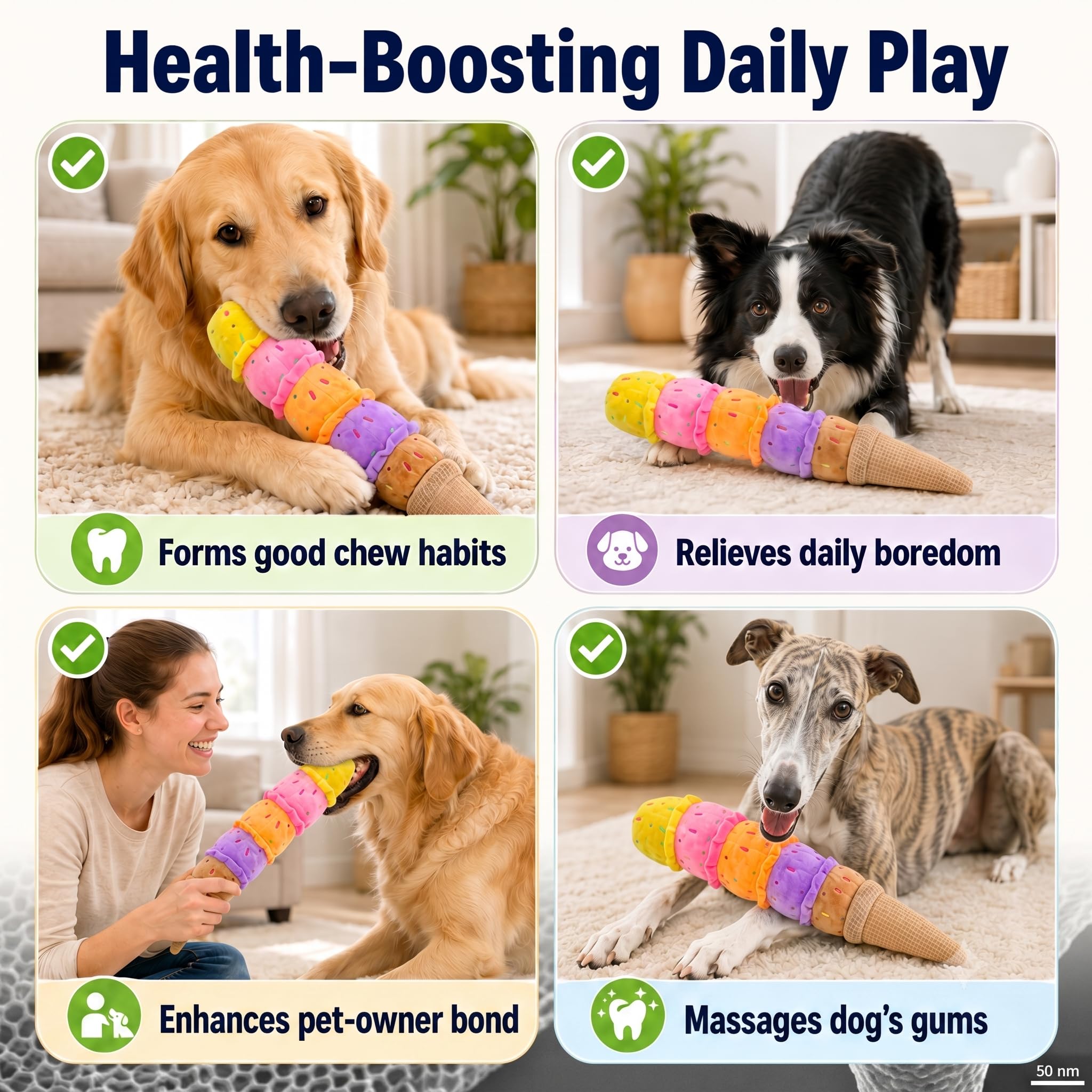 Rainbow Ice Cream Squeaky Plush Dog Chew Tug Toy