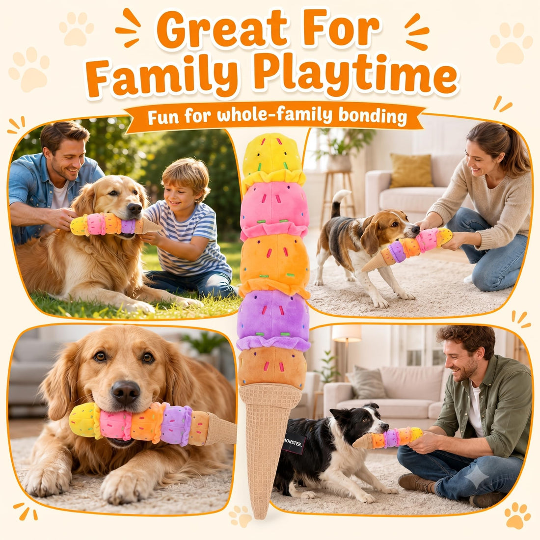 Rainbow Ice Cream Squeaky Plush Dog Chew Tug Toy