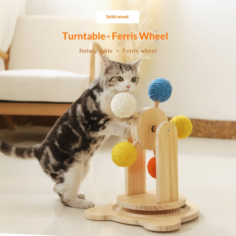 Solid Wood Cat Scratching Turntable Toy with Hemp