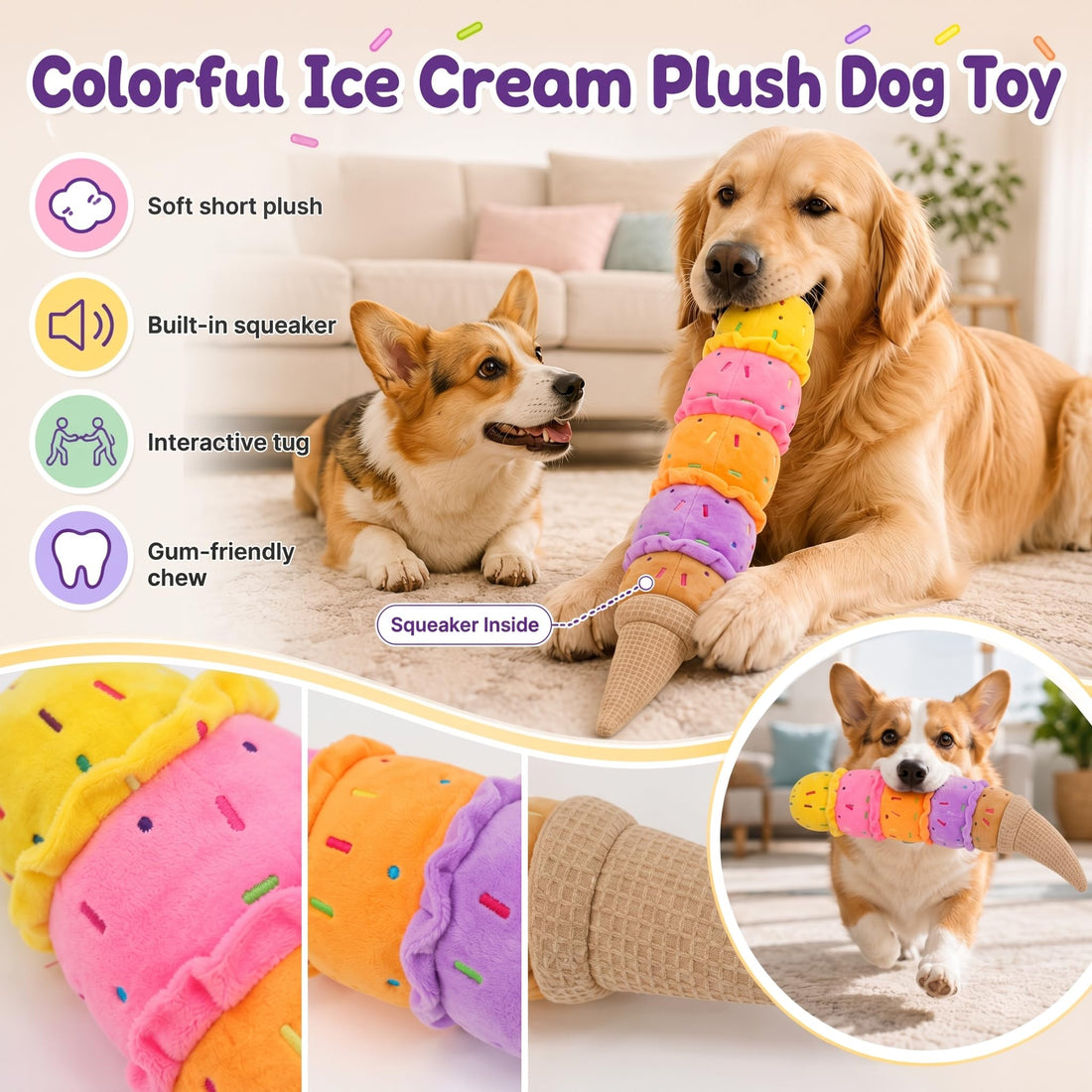 Rainbow Ice Cream Squeaky Plush Dog Chew Tug Toy
