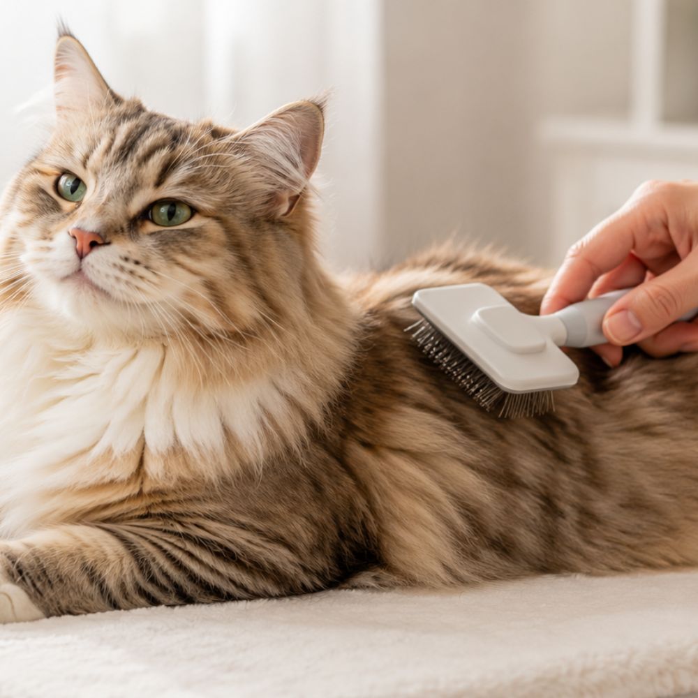 A fluffy brown and white cat lying on a soft surface while a hand uses a white pet grooming brush on its back. The scene is softly lit with a blurred indoor background.