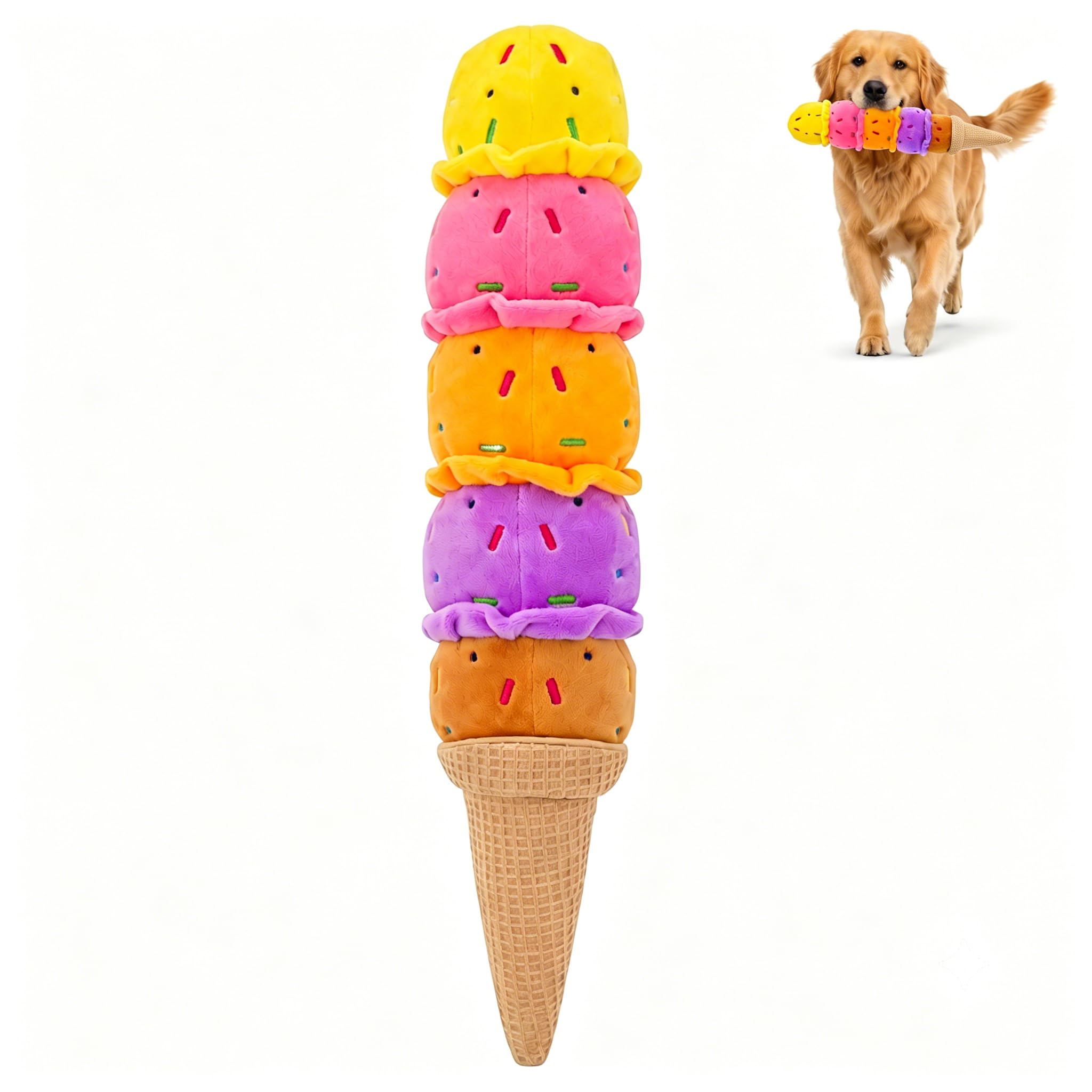 Rainbow Ice Cream Squeaky Plush Dog Chew Tug Toy