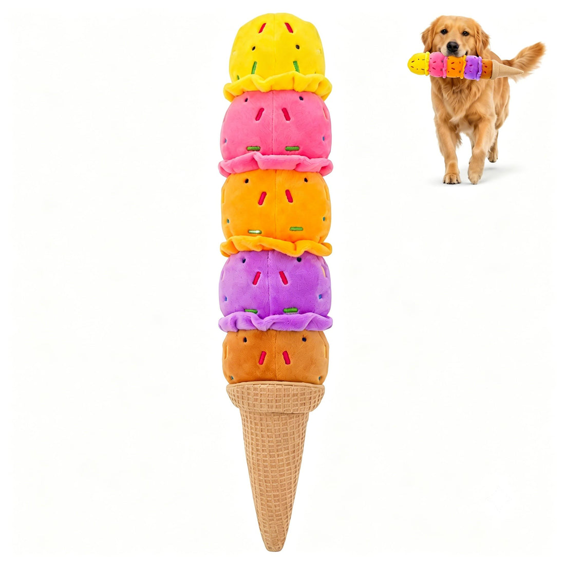 Rainbow Ice Cream Squeaky Plush Dog Chew Tug Toy
