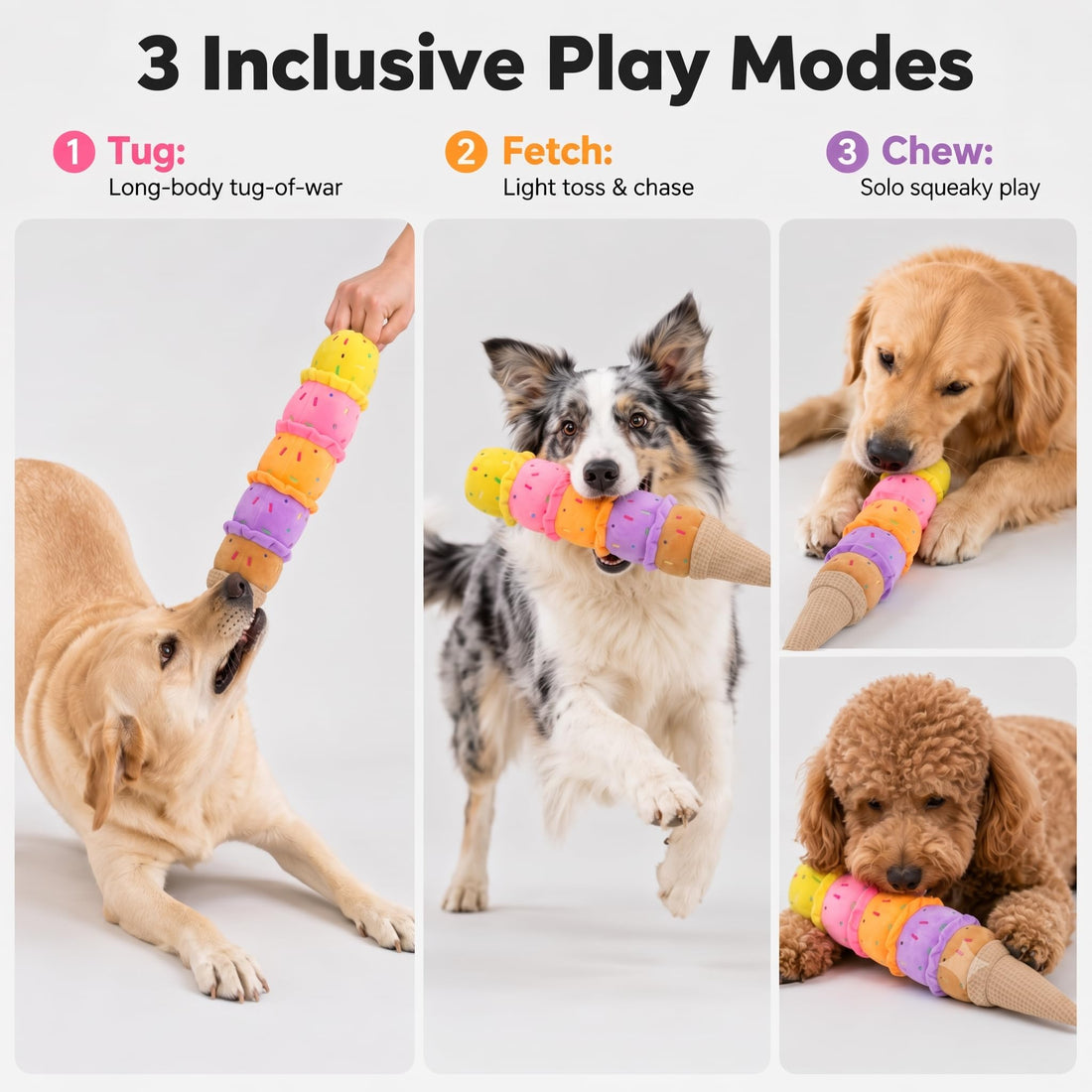 Rainbow Ice Cream Squeaky Plush Dog Chew Tug Toy