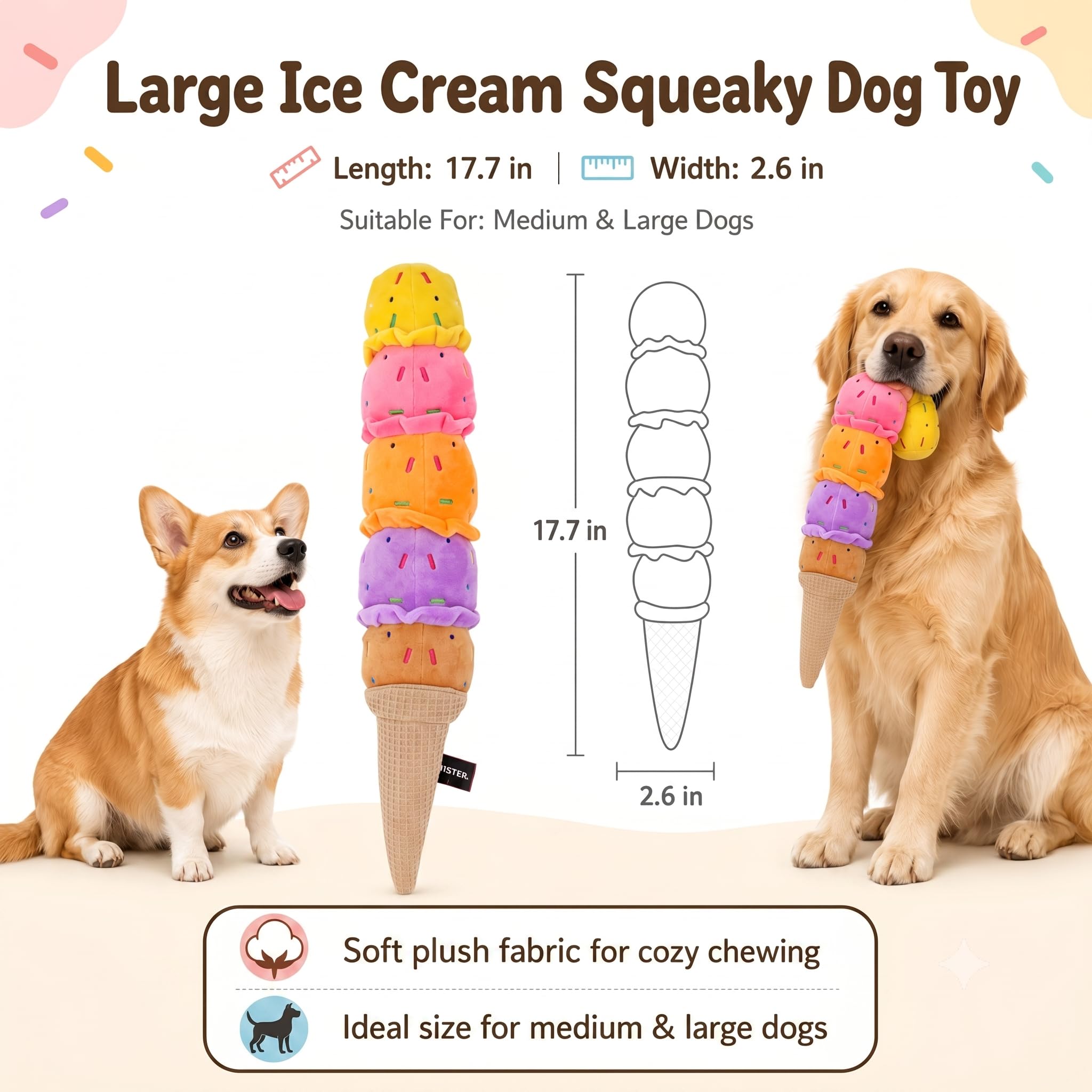 Rainbow Ice Cream Squeaky Plush Dog Chew Tug Toy