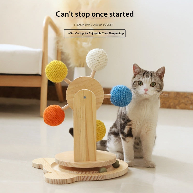 Solid Wood Cat Scratching Turntable Toy with Hemp